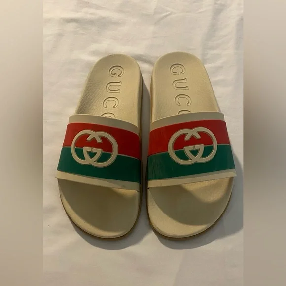 Gucci Cream Slides with Red and Green Stripes
